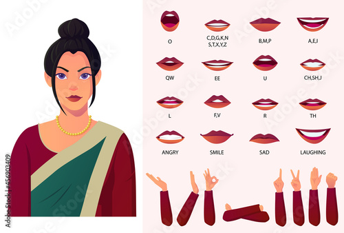 Indian Woman Wearing Sari Character Lip-sync and Mouth Animation with Different Hand gestures premium