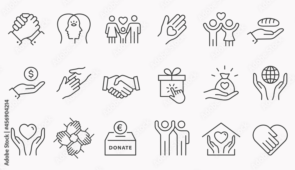 Charity line icon set. Collection of empathy, donate, volunteer, help and more. Editable stroke.