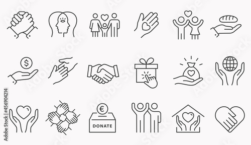 Charity line icon set. Collection of empathy, donate, volunteer, help and more. Editable stroke.