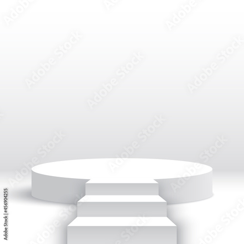 White round podium with stairs. Blank pedestal with steps. Products display platform. Stage. Vector illustration.
