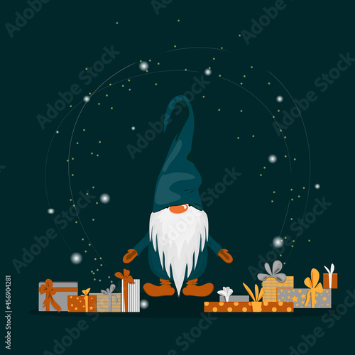 the dwarf stands among the boxes with gifts
