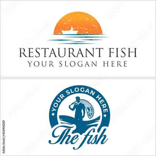 Restaurant fish sea fisherman emblem logo design
