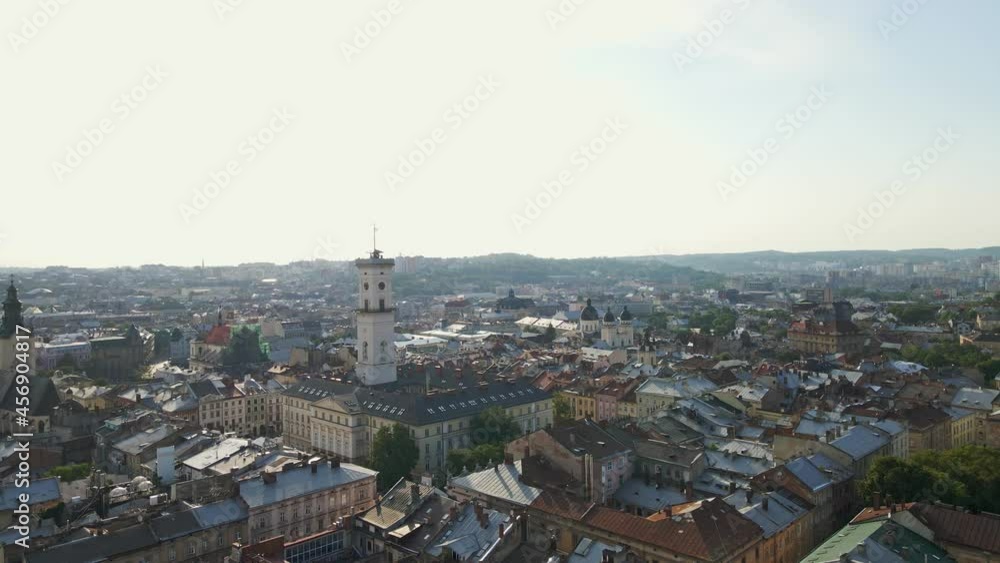 aerial view of Lviv city hall building with bell tower aerial view of Lviv city hall building with bell tower