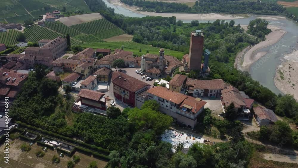 Barbaresco town and clock tower aerial view in Monferrato Langhe