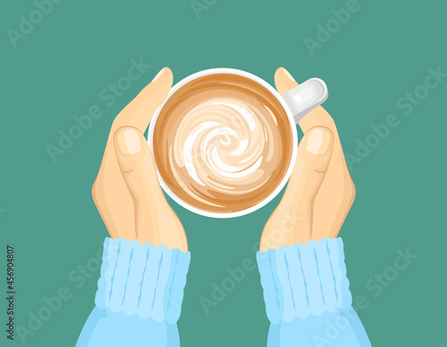 Hands hold cup of cappuccino. Coffee Top view. Vector cartoon flat illustration.