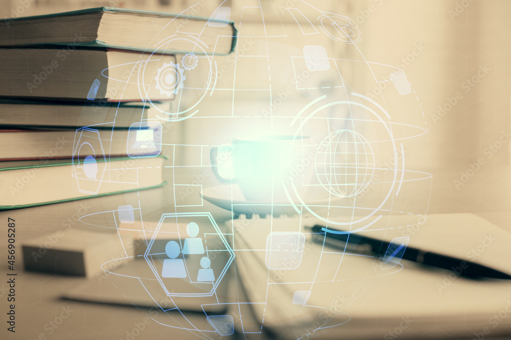 Double exposure of social network drawing and desktop with coffee and items on table background. Concept of international connection. Double exposure of social network drawing and desktop with coffee and items on table background. Concept of international connection.