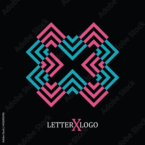 Abstract letter logo. The abstract flat logo of letter X made of 90-degree angled 3 thick lines, with ‘Letter X Logo’ text below. Single letter logo in EPS8.