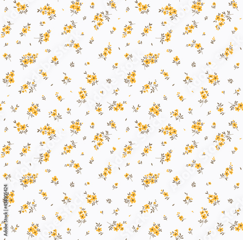 Ditsies floral pattern. Pretty flowers on white background. Printing with small yellow flowers. Ditsy print. Seamless vector texture. Spring bouquet.