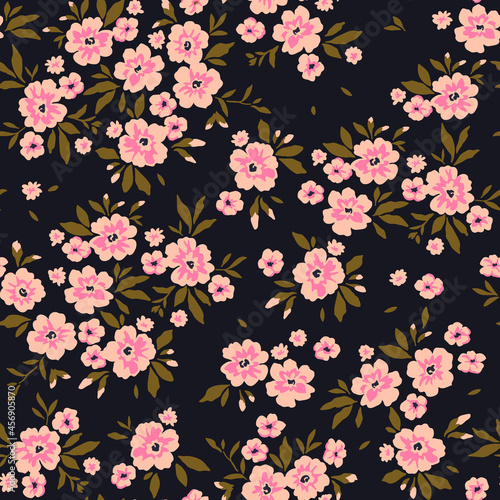 Fototapeta Naklejka Na Ścianę i Meble -  Vintage floral background. Floral pattern with small pink flowers on a black background. Seamless pattern for design and fashion prints. Ditsy style. Stock vector illustration.
