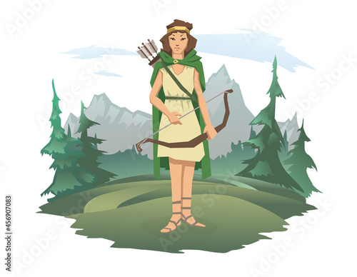 A woman with a bow and arrow standing against the background of a forest and a mountain landscape. Huntress or goddess of hunting Artemis. Vector illustration isolated on white.