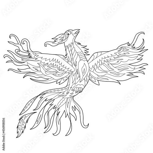Contour linear illustration for coloring book with decorative phoenix. Beautiful fancy bird,  anti stress picture. Line art design for adult or kids  in zen-tangle style, tatoo and coloring page.