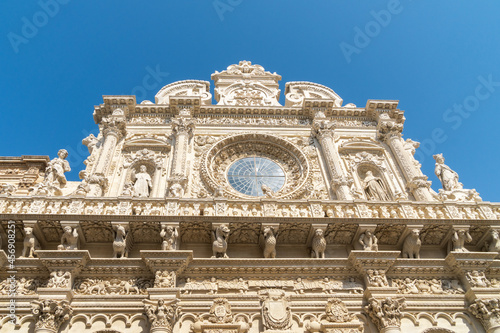 Lecce, Italy - August 18, 2021: Detail of the facade of the Basilica of Santa Croce in old town