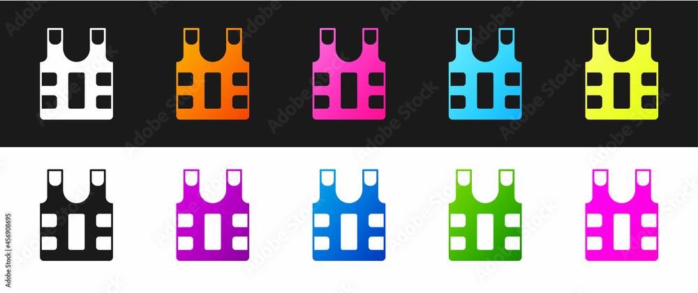 Set Bulletproof vest for protection from bullets icon isolated on black and white background. Body armor sign. Military clothing. Vector Set Bulletproof vest for protection from bullets icon isolated on black and white background. Body armor sign. Military clothing. Vector