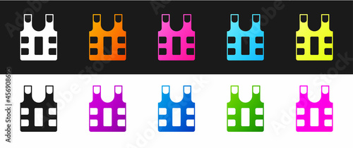 Set Bulletproof vest for protection from bullets icon isolated on black and white background. Body armor sign. Military clothing. Vector