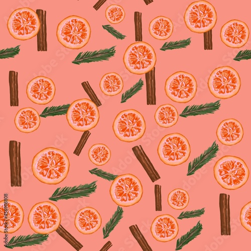 Seamless pattern with citrus slices, cinnamon sticks, and fir branches
