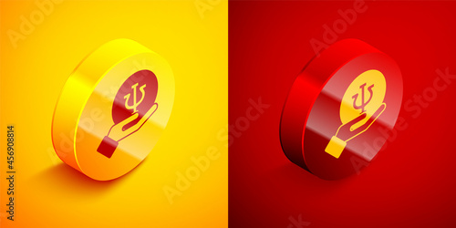 Isometric Psychology icon isolated on orange and red background. Psi symbol. Mental health concept, psychoanalysis analysis and psychotherapy. Circle button. Vector