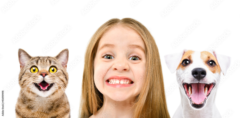 Obraz premium Portrait of cheerful smiling girl with cat and dog isolated on white background