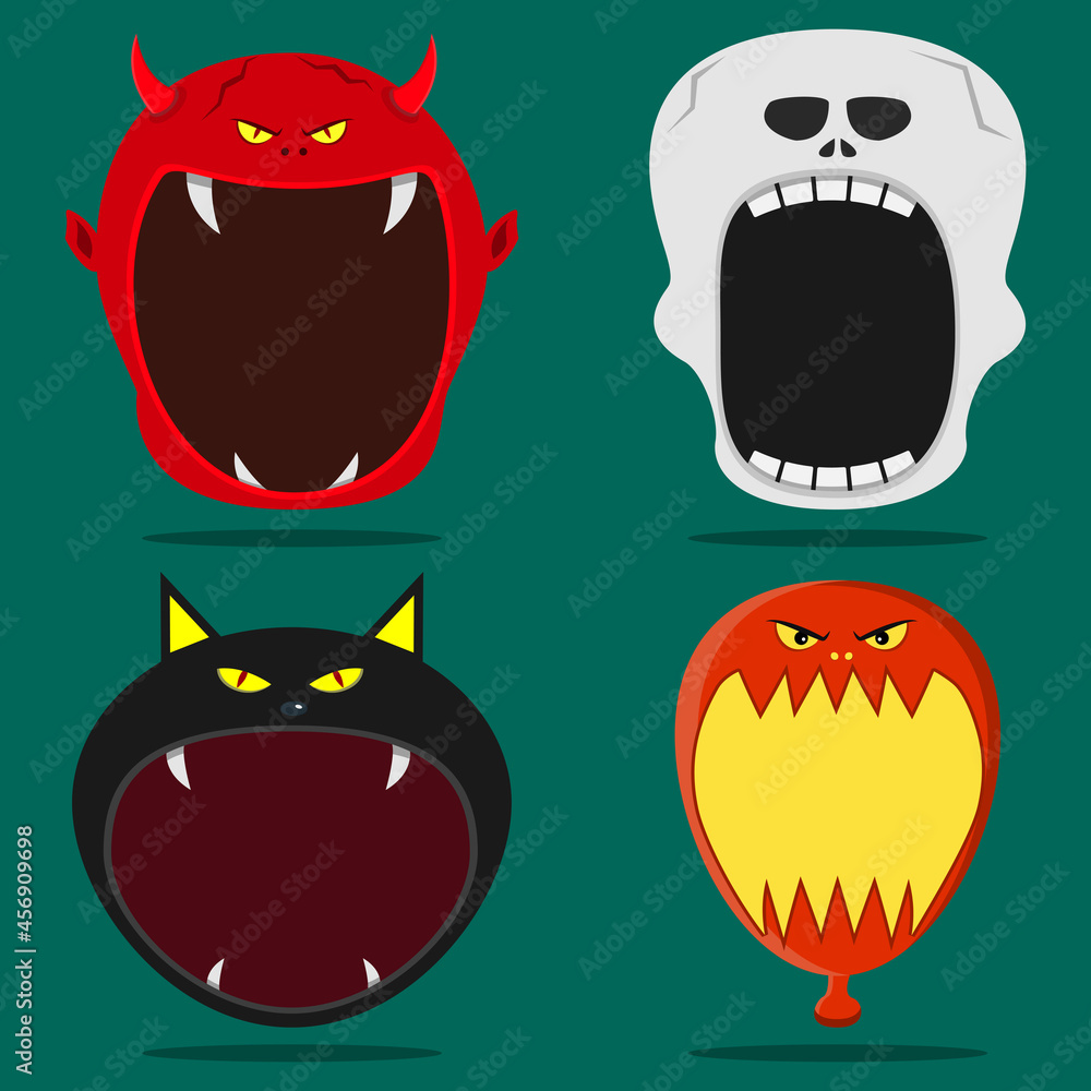 Four Halloween Character Head and Open Mouth. Devil, Skeleton, Black Cat and Balloon Character. Four Halloween Character Head and Open Mouth. Devil, Skeleton, Black Cat and Balloon Character.