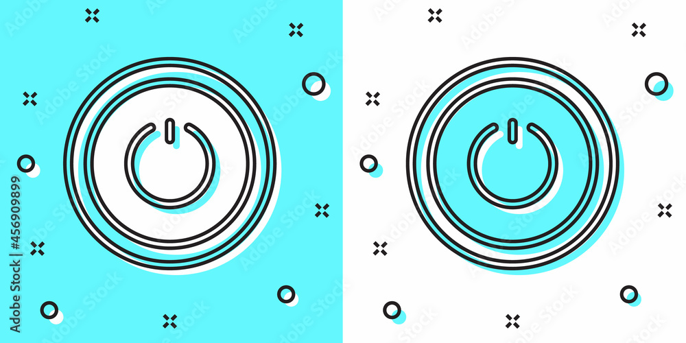 Black line Power button icon isolated on green and white background. Start sign. Random dynamic shapes. Vector Black line Power button icon isolated on green and white background. Start sign. Random dynamic shapes. Vector