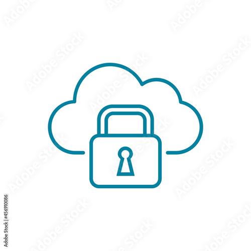 Cloud computing security line icon. Cloud with a padlock. Safe data backup on cloud servers. Privacy on the internet. Password key and encryption of information. Vector illustration, flat, clip art.