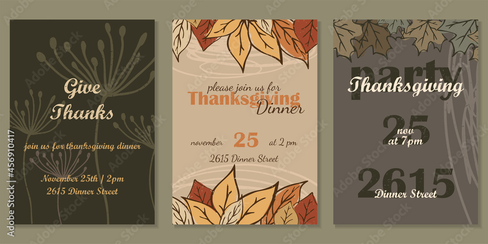A set of postcards on the occasion of Thanksgiving 2021 with the inscription. Using dark flowers, leaves, decorative elements.