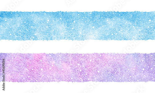 Watercolour stripes, winter banner templates with falling snow splash, spray dots texture. Christmas, New Year hand drawn watercolor text background. Painted streaks, ribbons with rough artistic edge.
