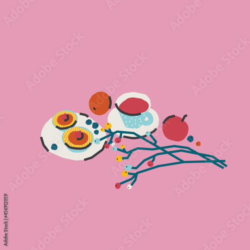 Breakfast. Dessert. Tea drinking. Trendy cute vector illustration, postcard, print
