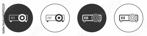 Black Presentation, movie, film, media projector icon isolated on white background. Circle button. Vector