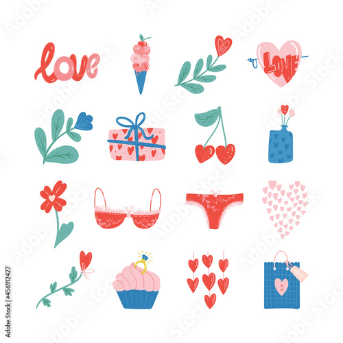 Set of Valentines day vector illustration. Trendy color palette and cute romantic elements. Doodle style.