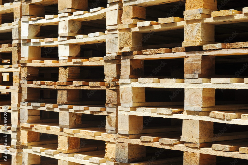 Almaty, Kazakhstan - 07.06.2016 : A stack of wooden pallets at a beer factory Almaty, Kazakhstan - 07.06.2016 : A stack of wooden pallets at a beer factory
