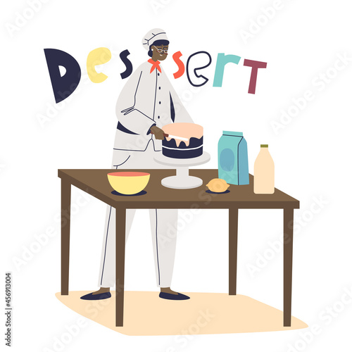 Female chef cook making cake. Woman baker confectioner preparing dessert sweets for restaurant