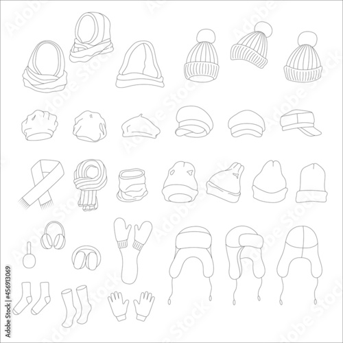 Winter clothes and accessories set. Vector doodle illustration.