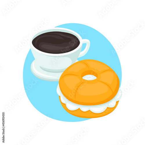 Breakfast Coffee and Bagel Emoji Icon Illustration. Morning Food Vector Symbol Emoticon Design Doodle Vector.