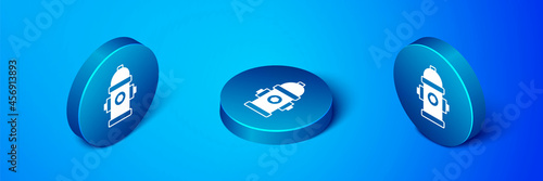 Isometric Fire hydrant icon isolated on blue background. Blue circle button. Vector