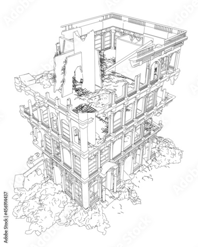 Contour of a destroyed building from black lines isolated on a white background. Isometric view. Vector illustration