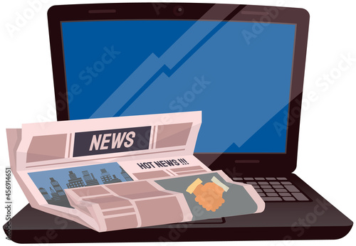 Paper publication with fresh news. Publishing article, newspaper about business, city life on background of laptop. Newspaper with hot news headline. Paper country affairs report vector illustration