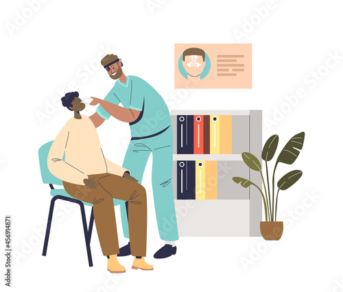 Otolaryngologist doctor checking patient nose illness during checkup visit in medical clinic