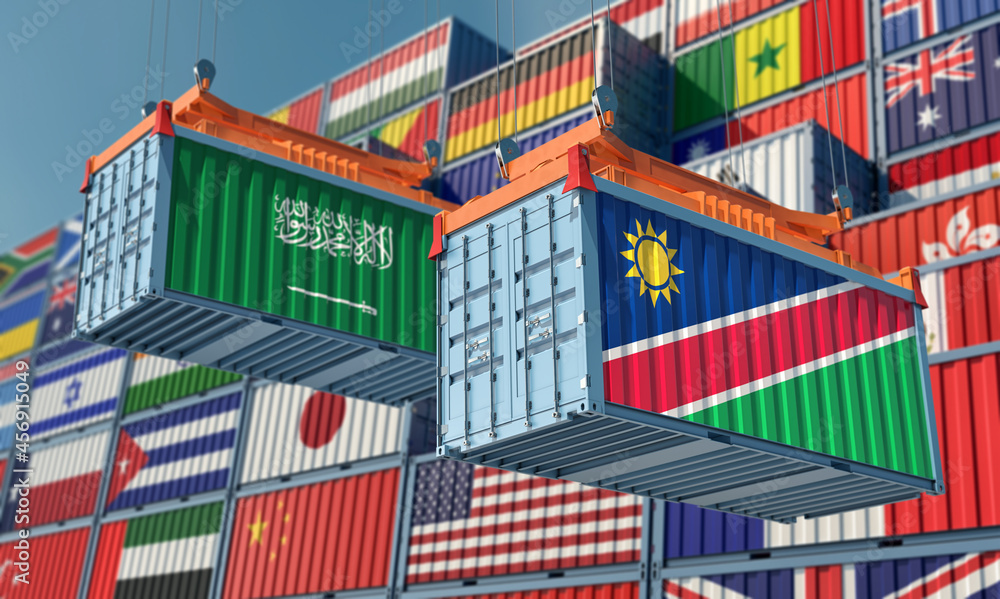 Freight containers with Namibia and Saudi Arabia national flags. 3D Rendering 