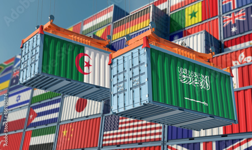 Freight containers with Algeria and Saudi Arabia national flags. 3D Rendering © Marius Faust