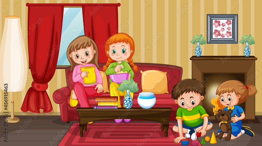 Scene with children cartoon character in the room Scene with children cartoon character in the room