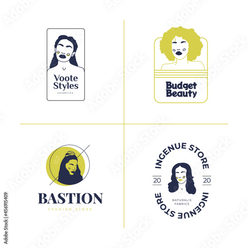 Hand drawn fashion woman logo template set. Doodle style vector illustration.