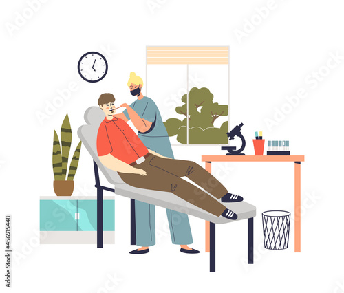 Otolaryngologist doctor checking patient client throat during checkup in medical clinic