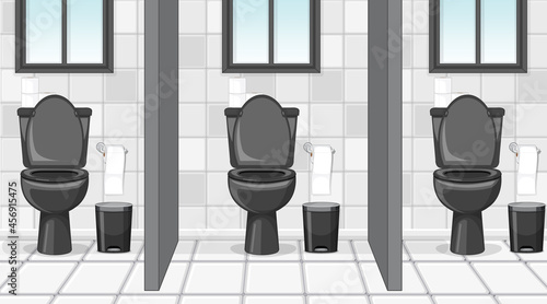 Empty scene with public toilet with cubicles