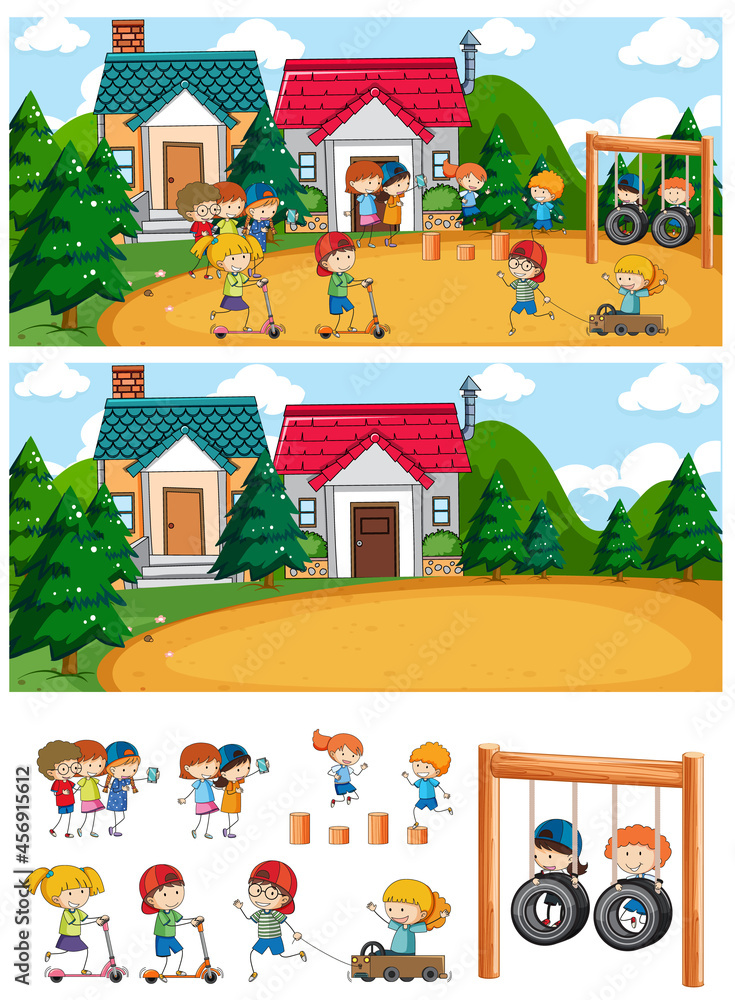 Playground scene set with many kids doodle cartoon character isolated