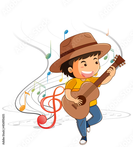 Cartoon character of a boy playing guitar with melody symbols