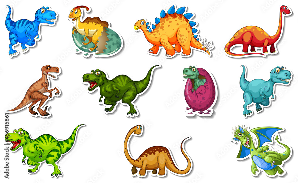 Obraz premium Sticker set with different types of dinosaurs cartoon characters
