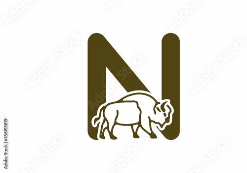 Initial letter N with bison line art