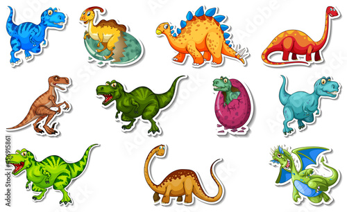 Fototapeta Naklejka Na Ścianę i Meble -  Sticker set with different types of dinosaurs cartoon characters