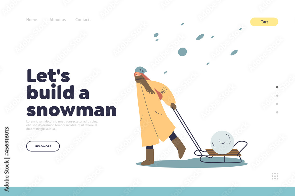 Obraz premium Build snowman concept of landing page with small girl kid carry big snowball on sledges in snowfall