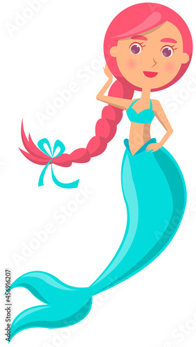 Beautiful mermaid on white background. Girl with fish tail. Water nymph, cute nixie. Cartoon nautical character lives in ocean. Sea dweller, seamaid fairy woman. Underwater animal life